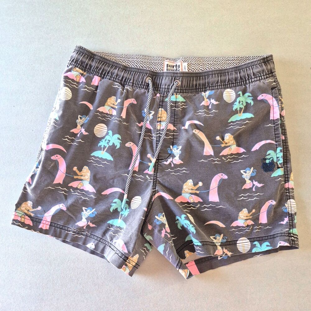 Party Pants Board Shorts Mens L Swim Trunks Mermaid Neon Dolphin Palm Tree Surf